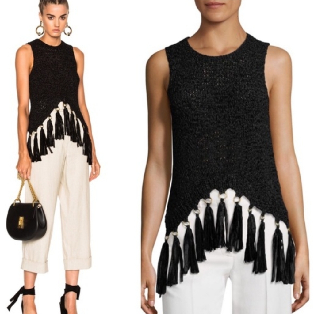 A.L.C. Carmelita Knit Tassel Trim Black Tank